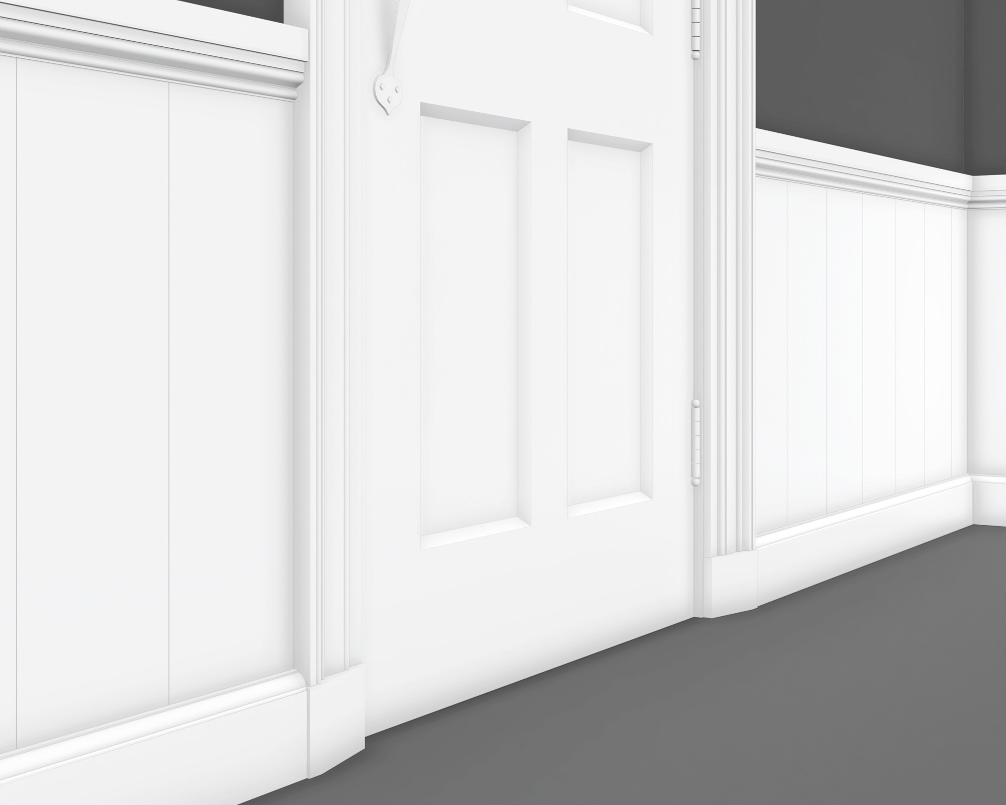 Cape Cod style door casing with plinth blocks, baseboard, and paneled wainscoting