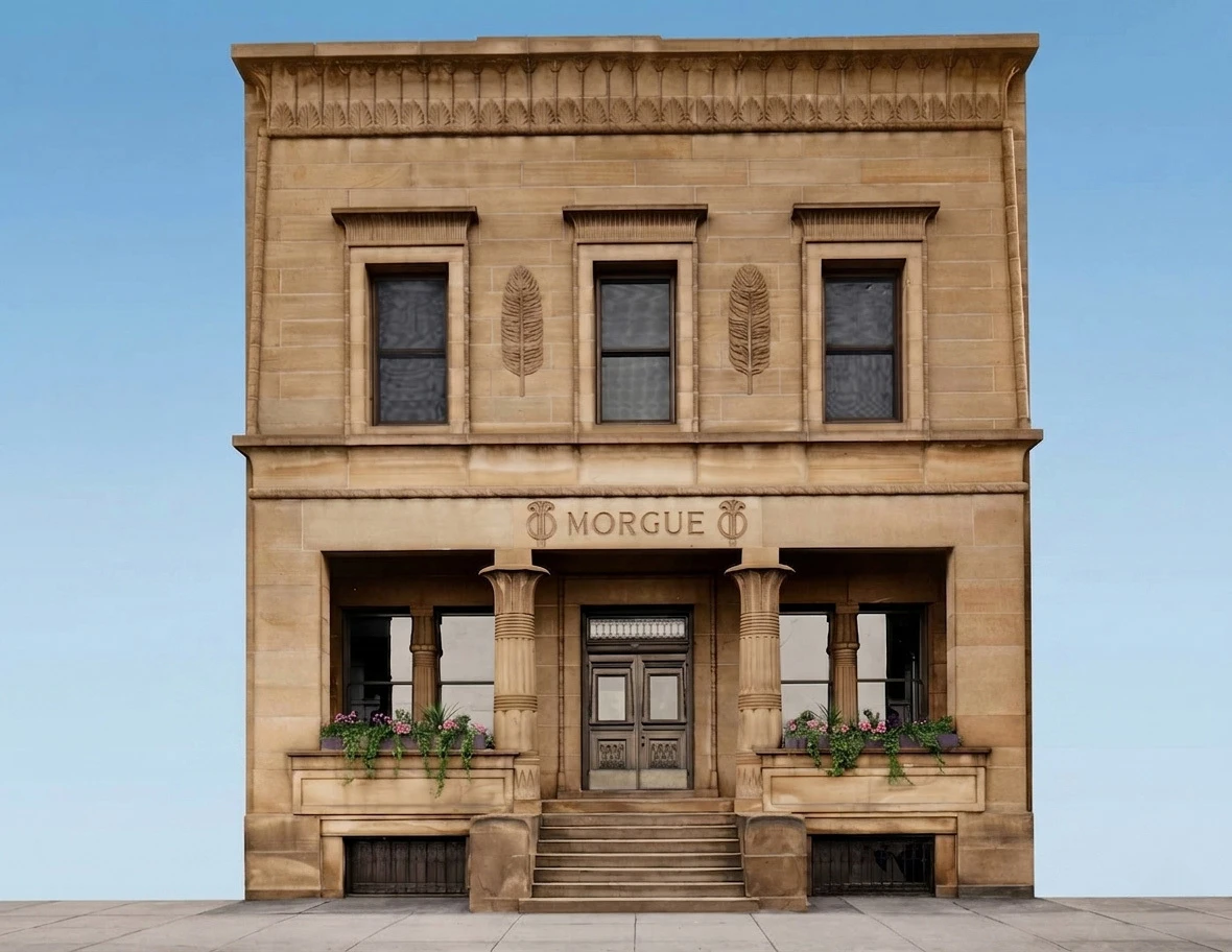 Cuyahoga County Morgue exterior with Egyptian Revival columns and carved stone ornament