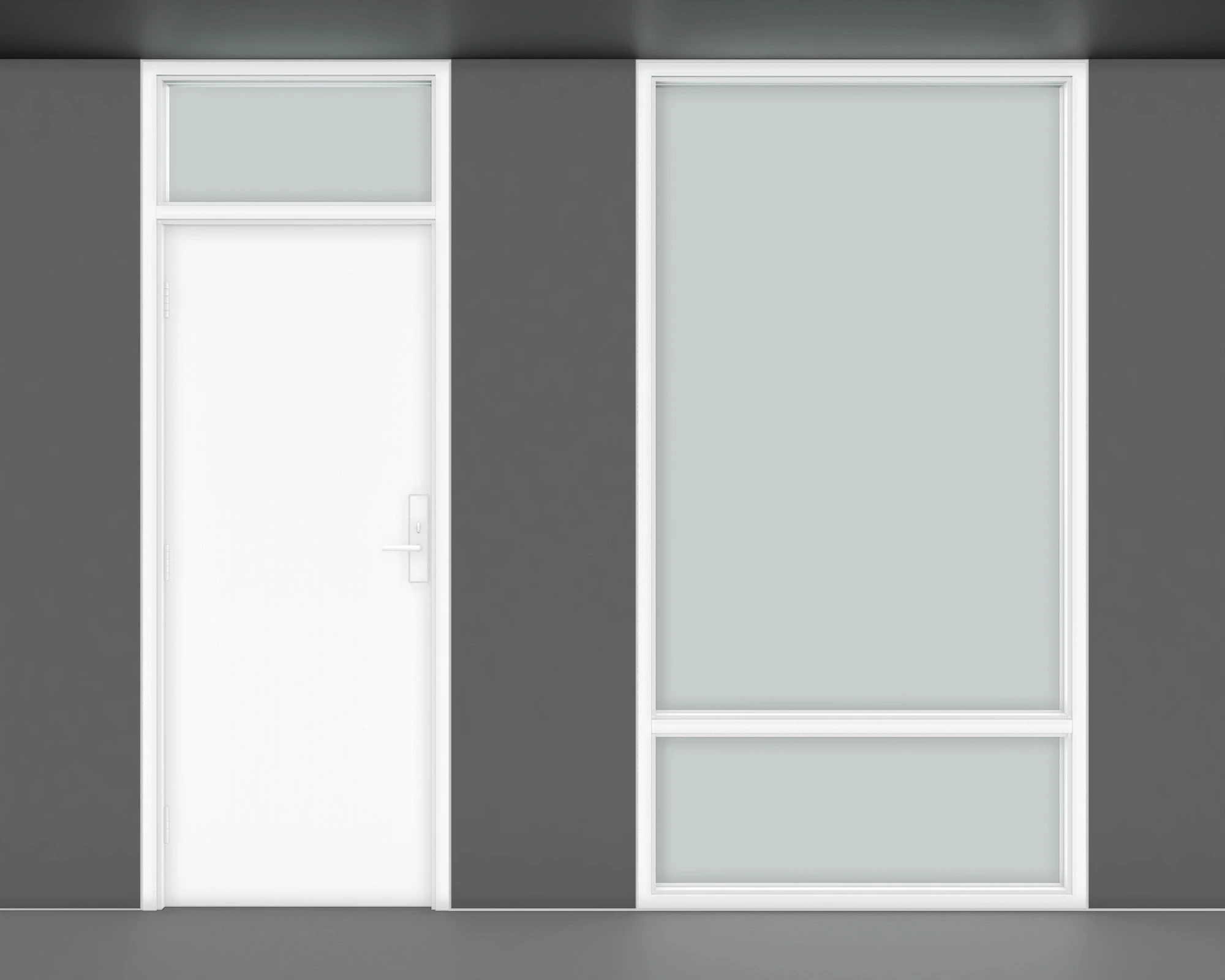 International Style interior with a flush door, glazed transom, and tall window against walls.