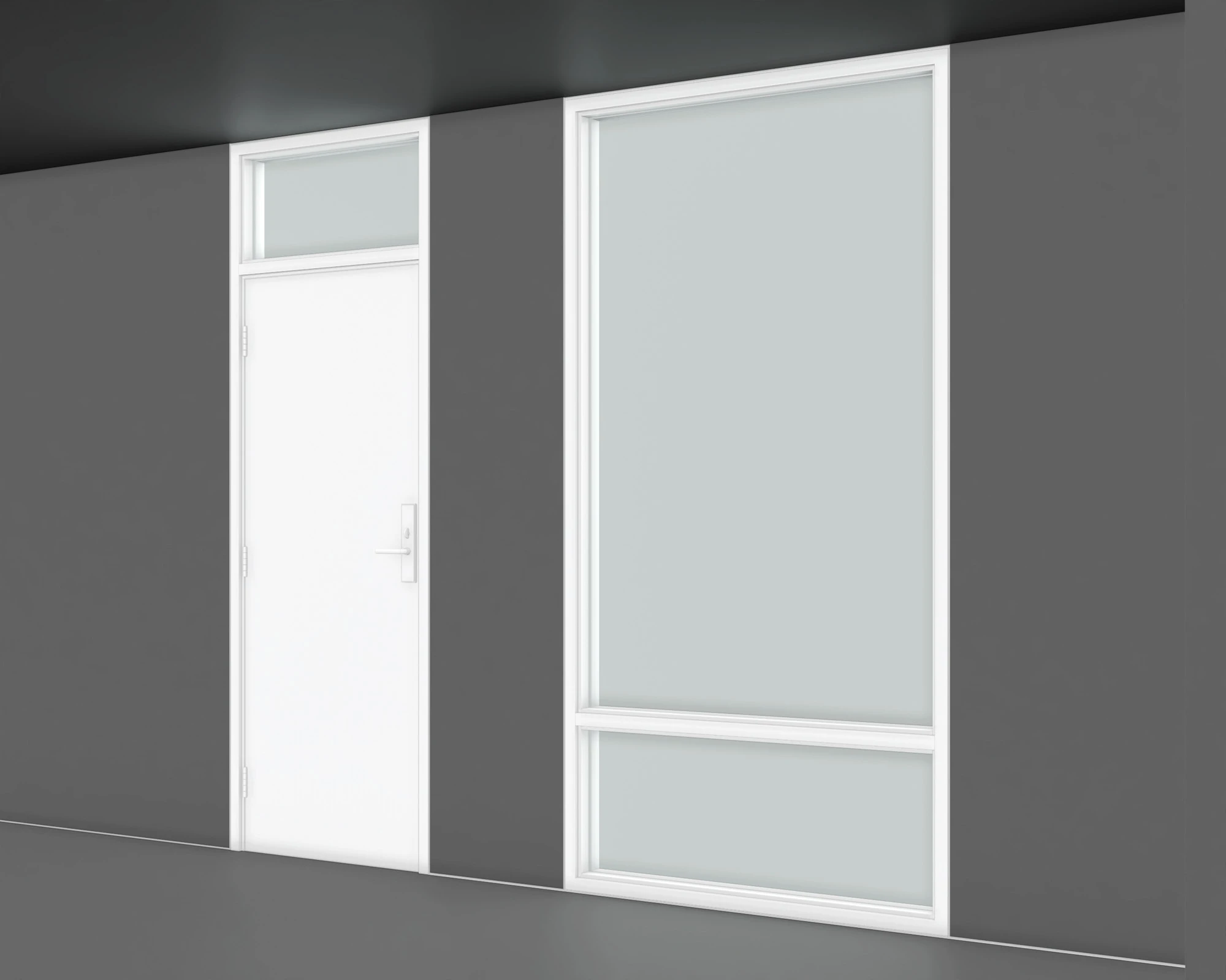 Angled view of International Style door and window details with narrow frames and minimal floor reveals.
