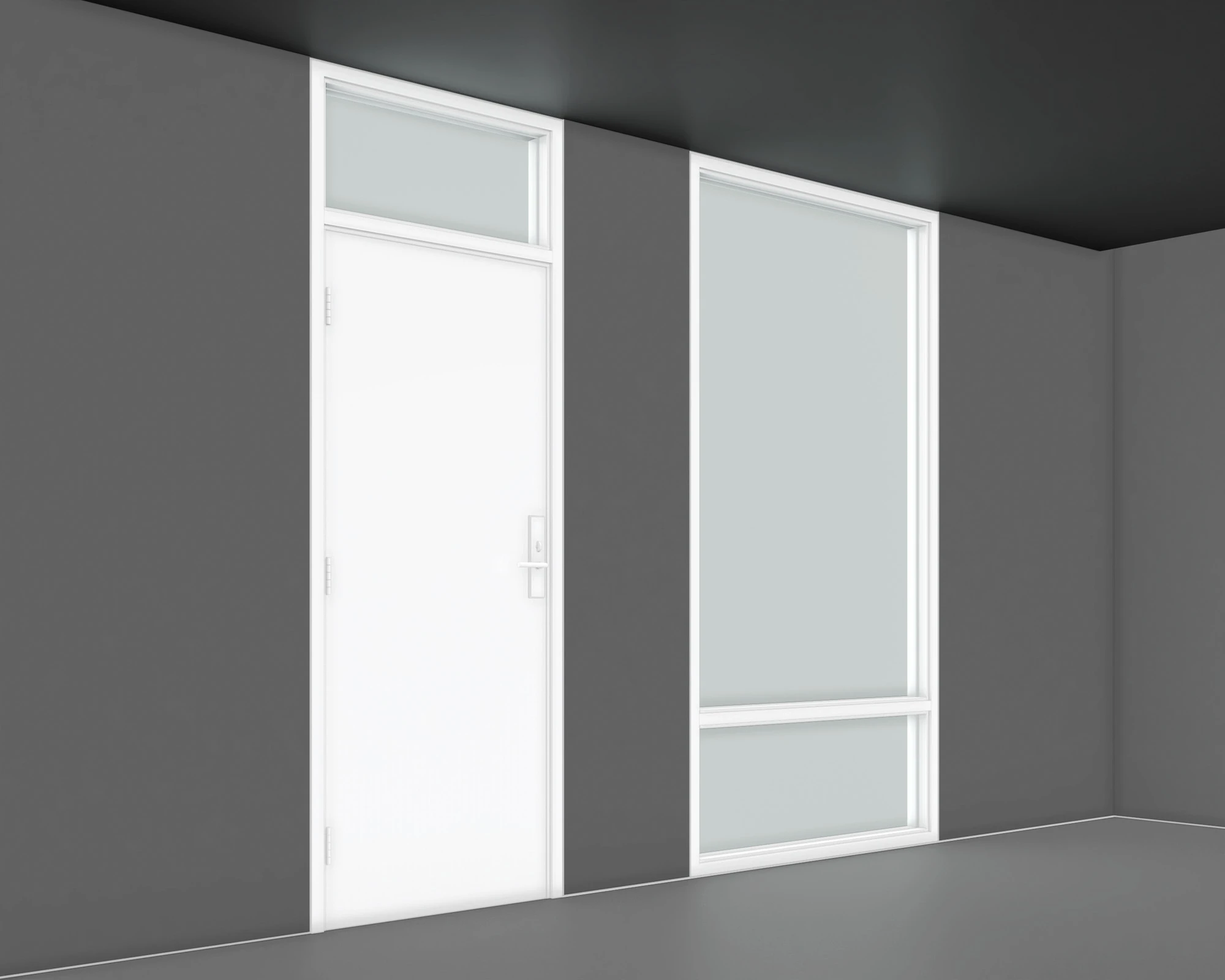 International Style room corner with a flush door, overhead transom, and tall window with a lower glass panel.