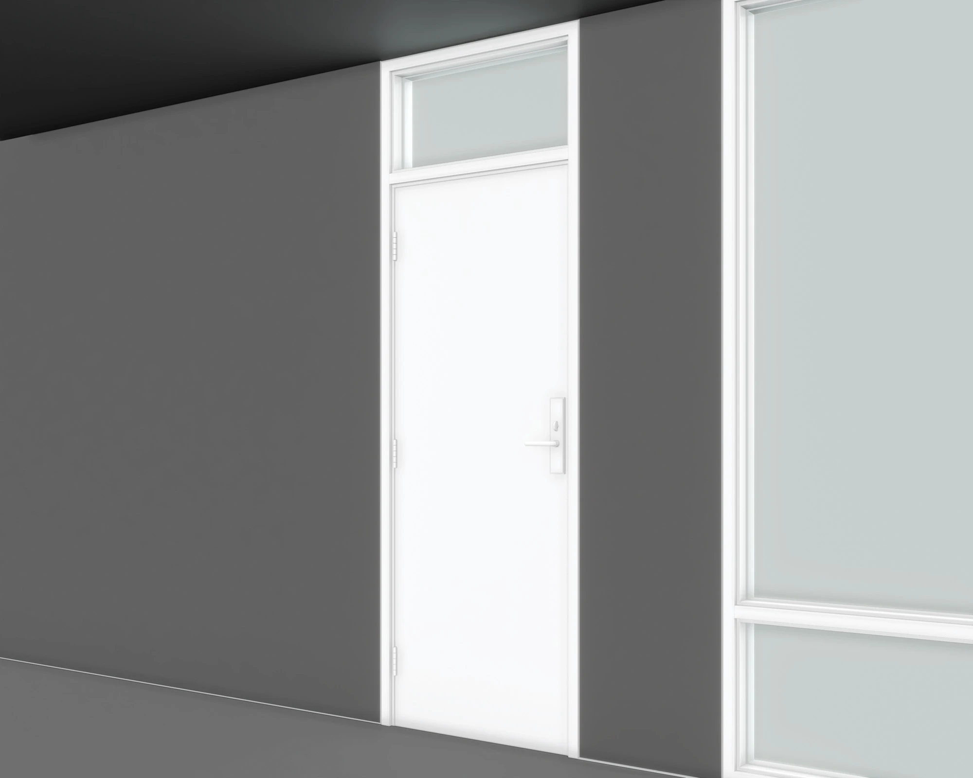 Flush door with a glazed transom and simple lever handle beside a tall International Style window.