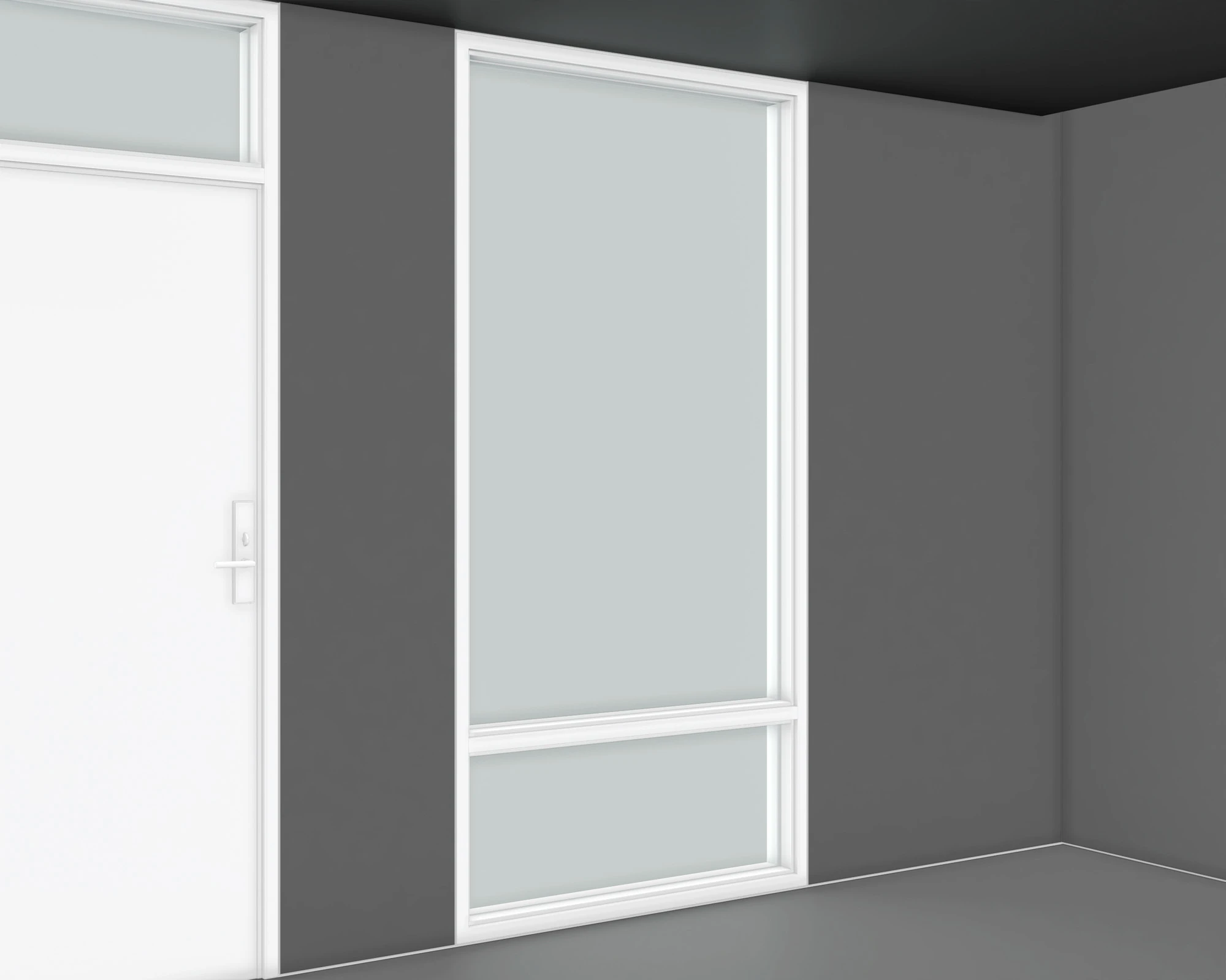 Tall International Style window with rectangular framing and a horizontal rail above the lower glass panel.