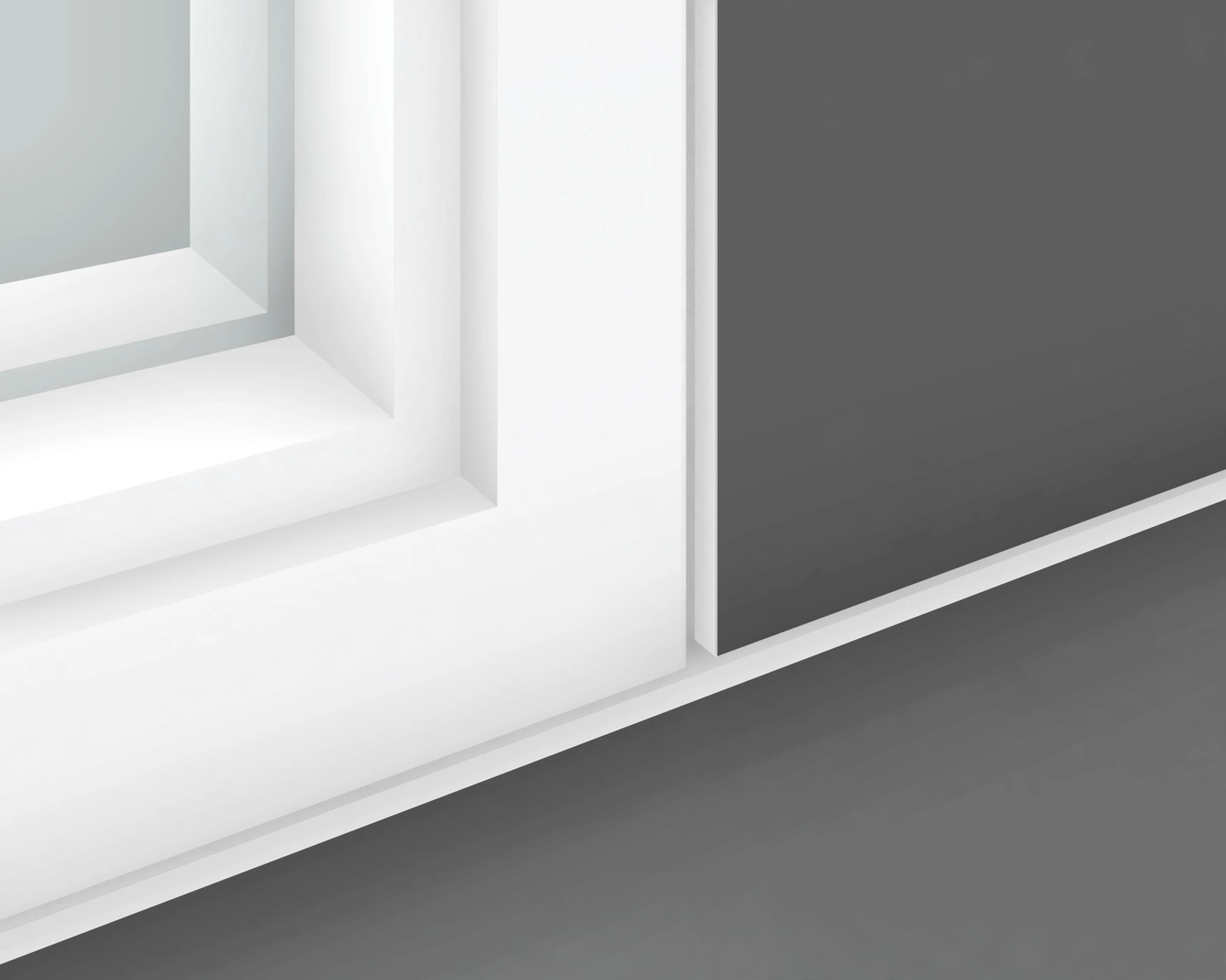 Lower corner of an International Style window showing rectangular framing beside the wall’s narrow floor reveal.