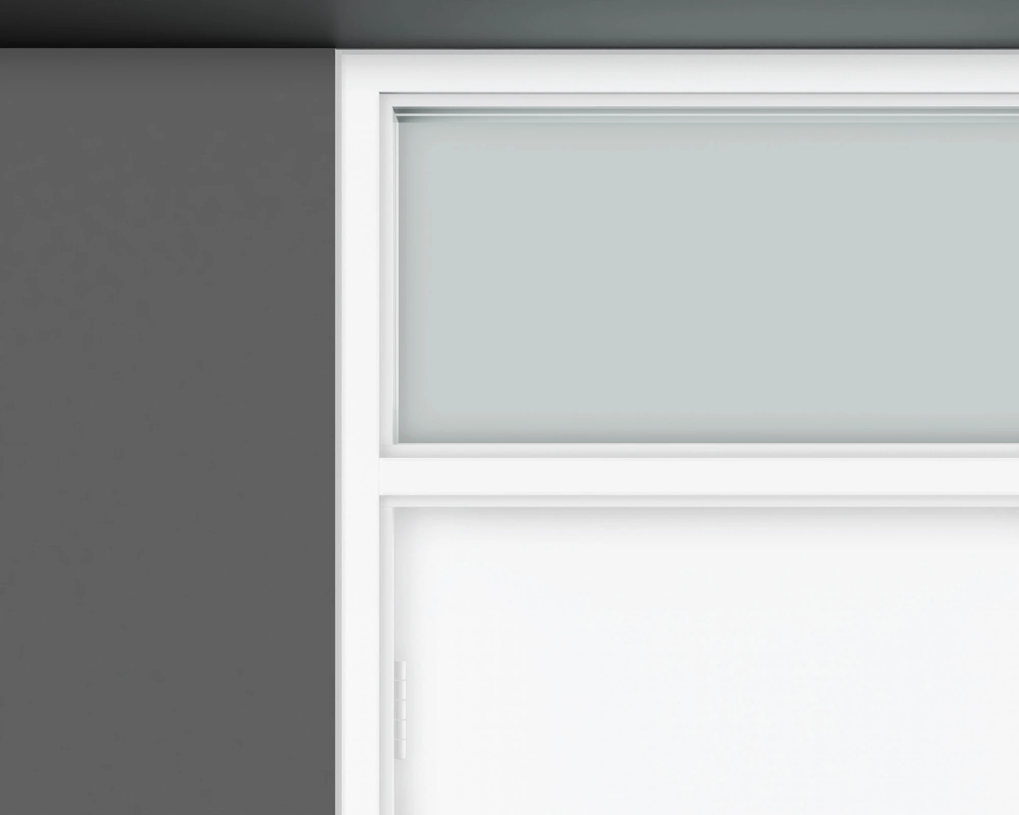 Front detail of a glazed door transom with rectangular framing directly beneath the ceiling.