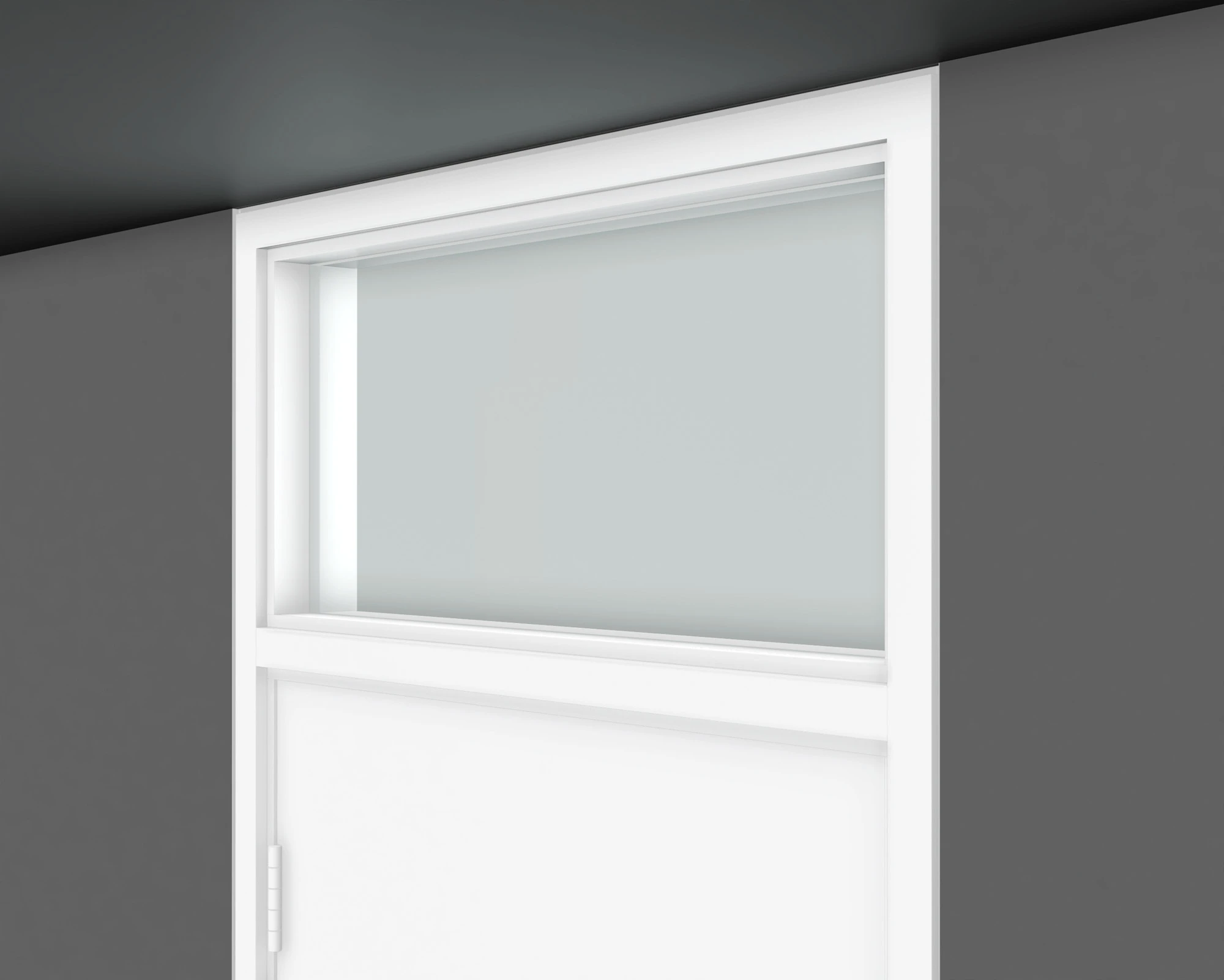 Angled close-up of a door transom showing recessed glazing and simple frame details.