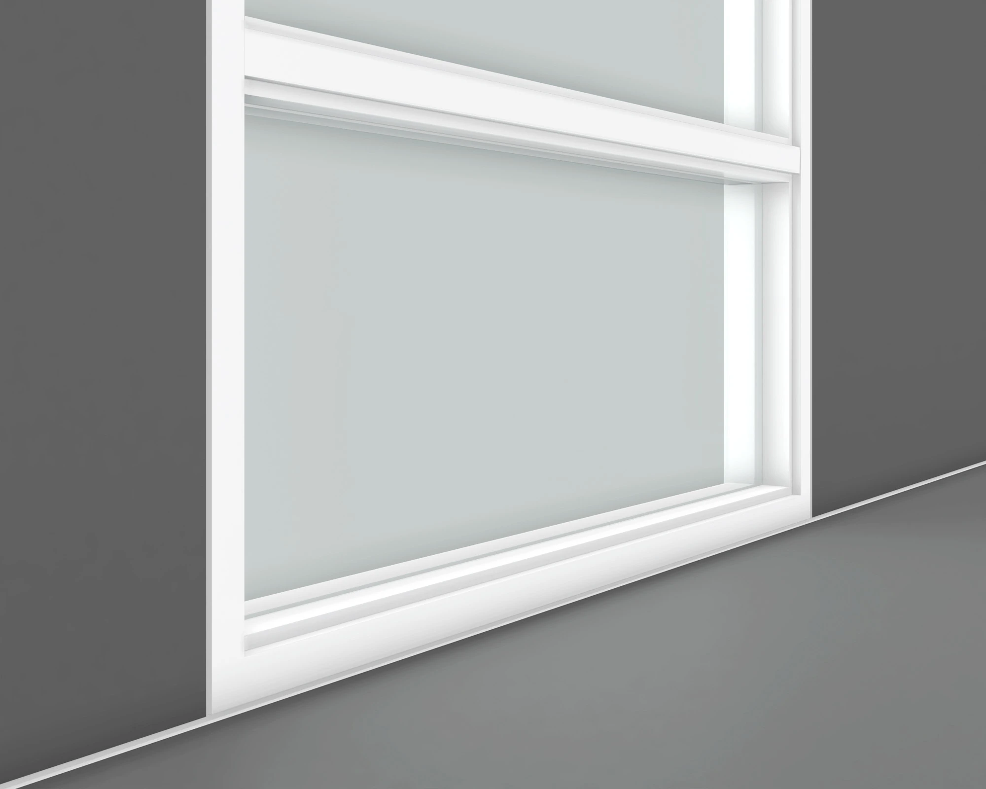Lower window detail with a horizontal rail, recessed glass, and rectangular framing near the floor.