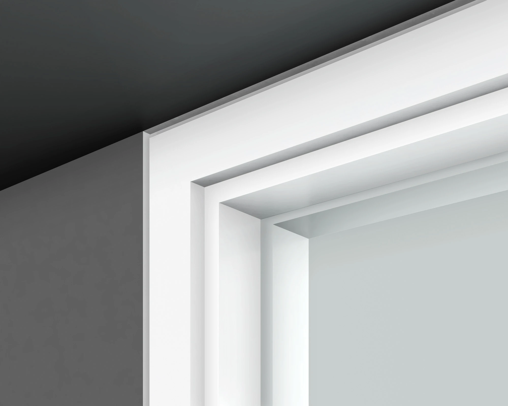 Upper window corner showing rectangular woodwork, recessed frame edges, and a narrow ceiling reveal.
