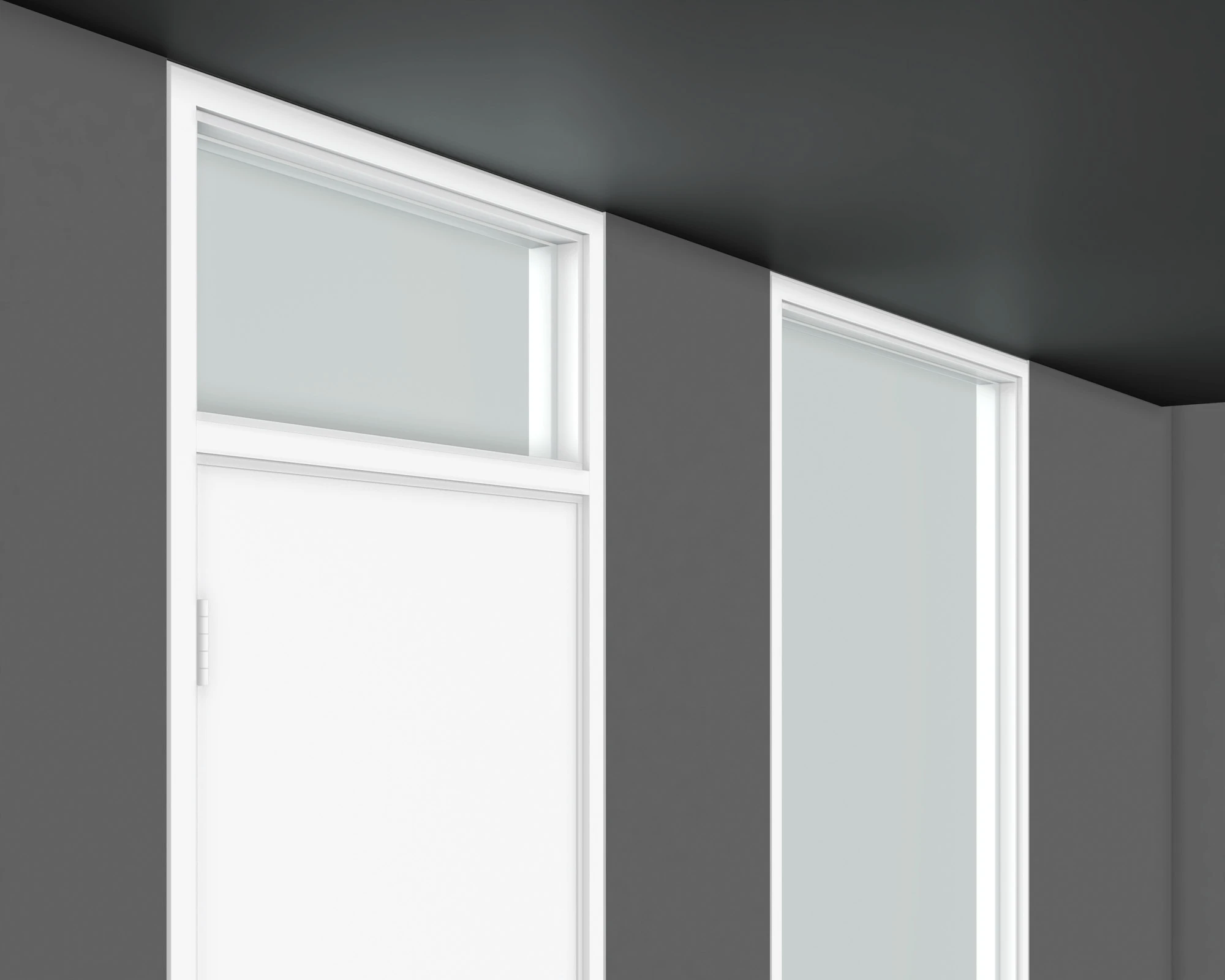 Upper portions of an International Style door transom and adjacent window aligned beneath the ceiling.