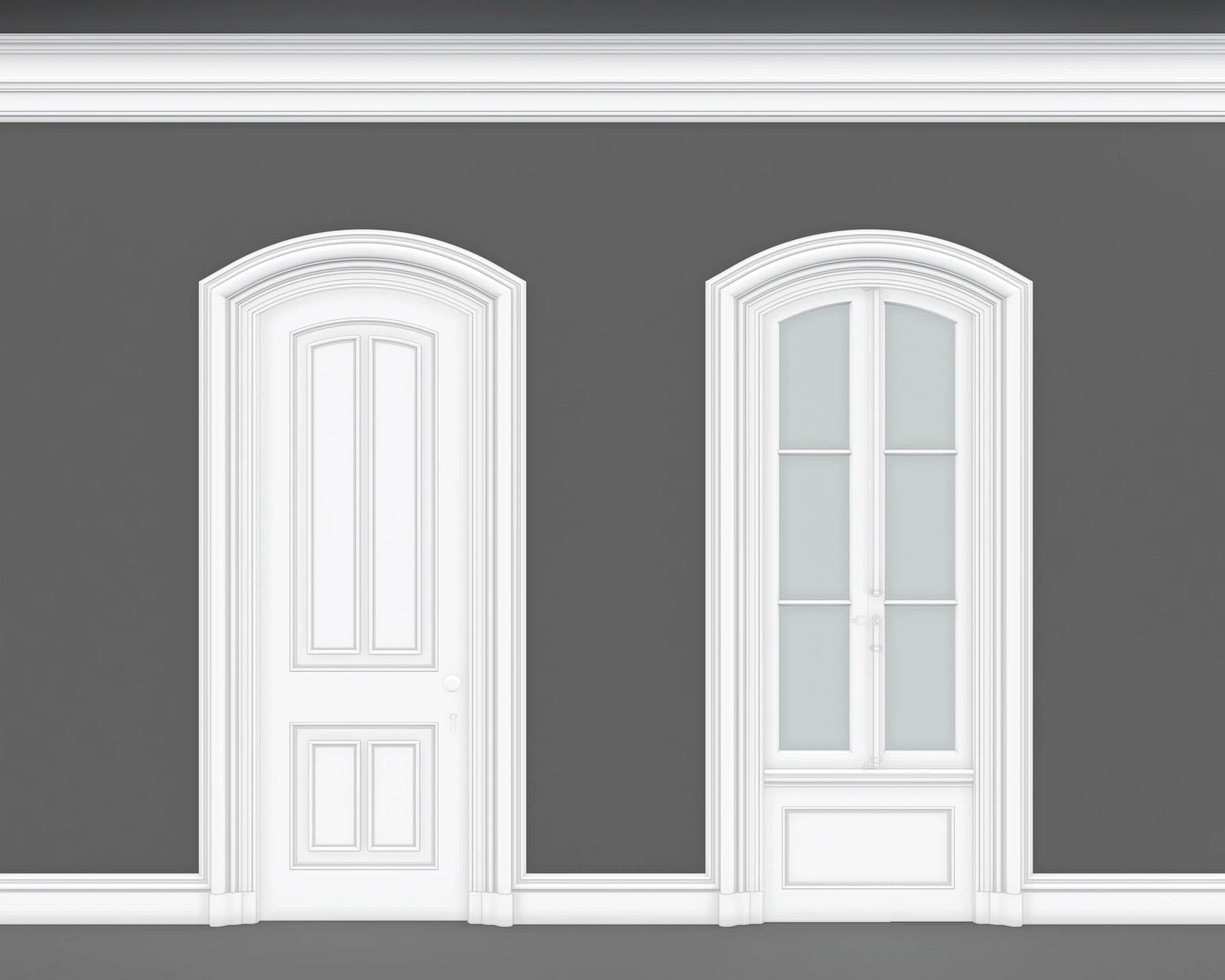 Second Empire interior with segmental arched door and window surrounded by decorative moulding