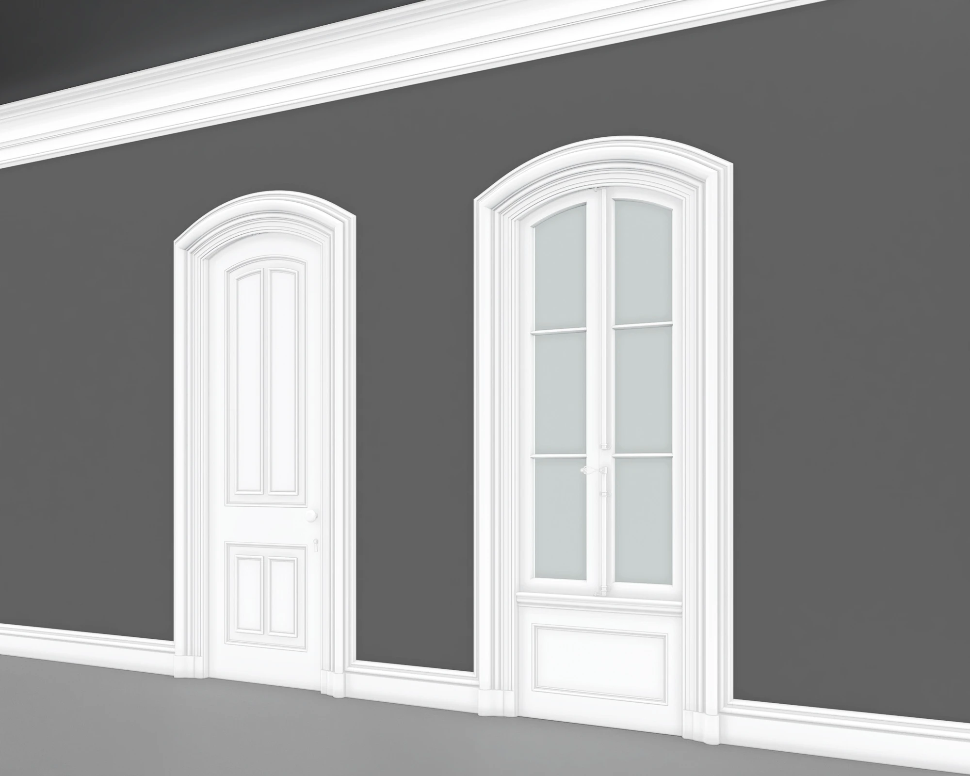 Angled view of Second Empire arched door and window casing with crown and base moulding