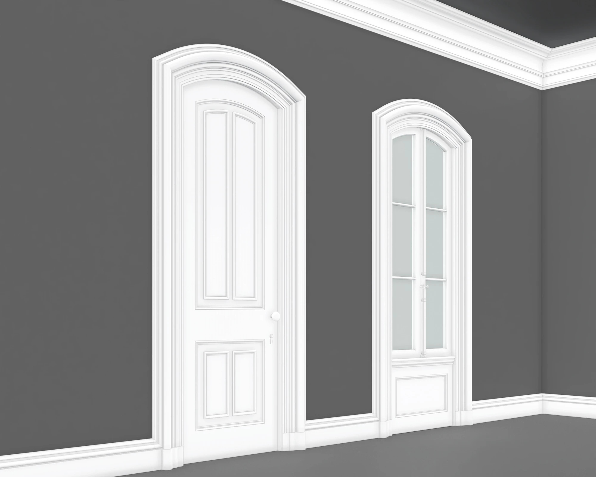 Second Empire room with segmental arched door, window trim, baseboard and crown moulding