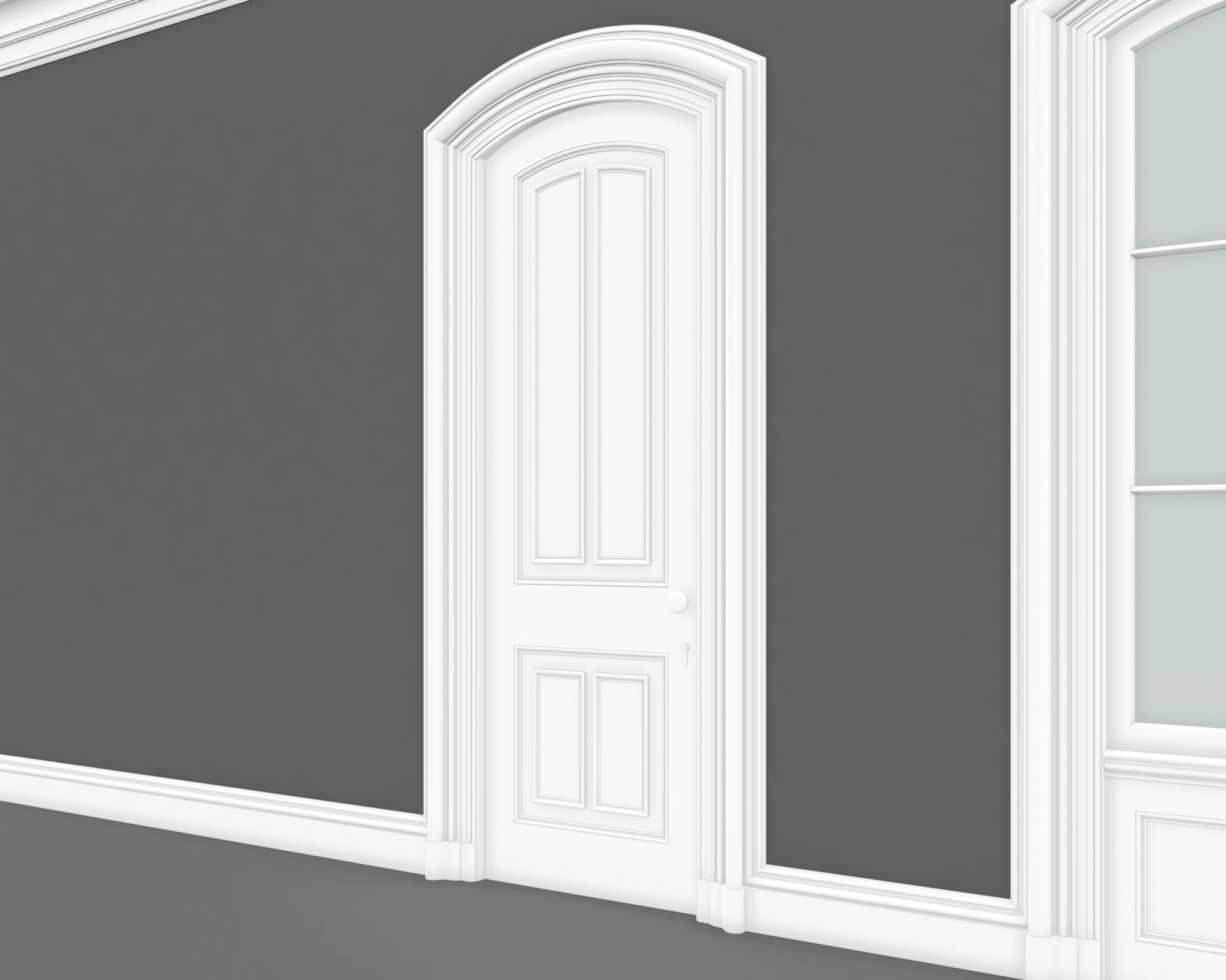 Second Empire paneled door with layered segmental arch casing and decorative trim