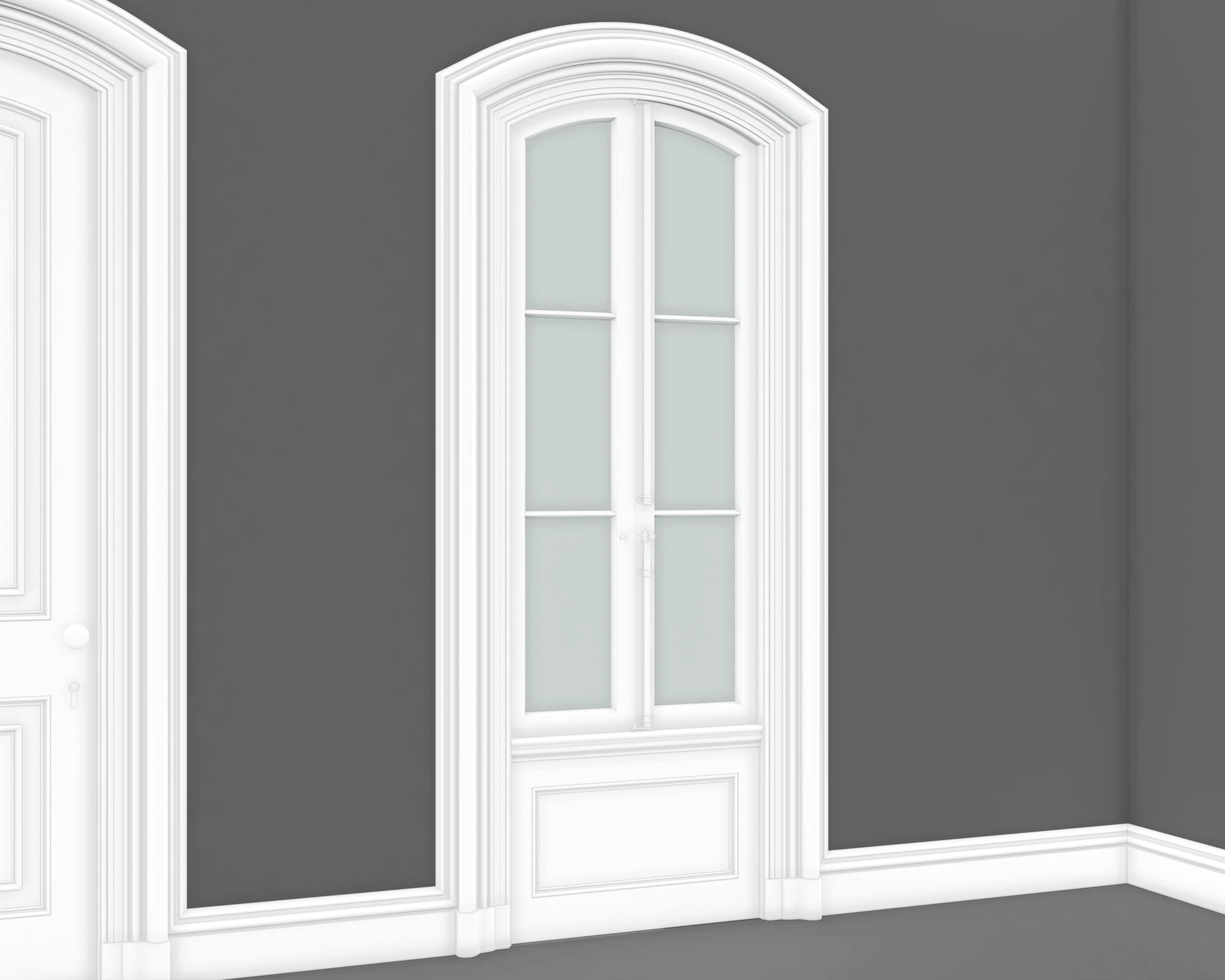 Second Empire arched window with layered casing, lower panel and base moulding