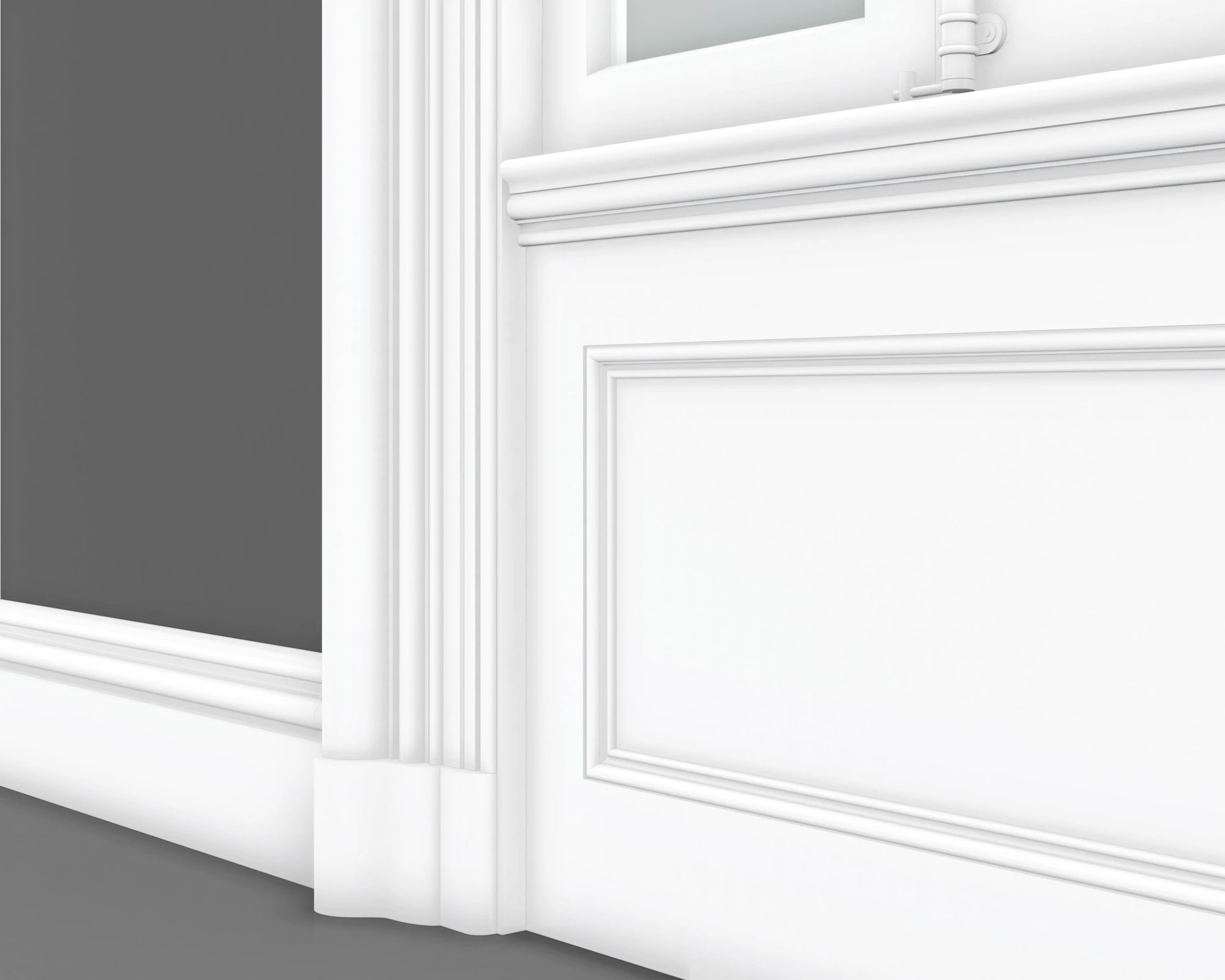 Close-up of Second Empire window panel, moulded casing and baseboard detail