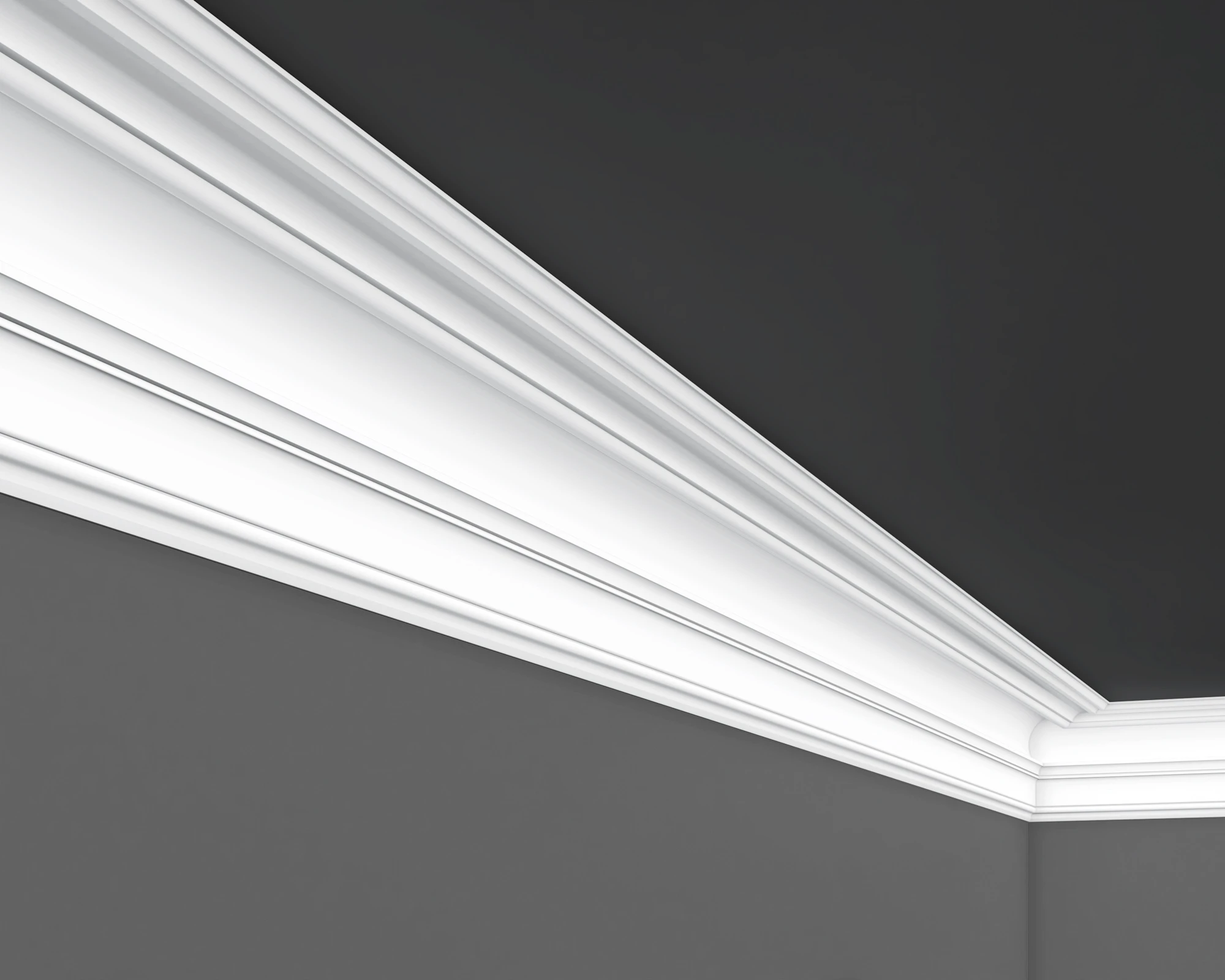 Close-up of Second Empire crown moulding with layered curved and stepped profiles