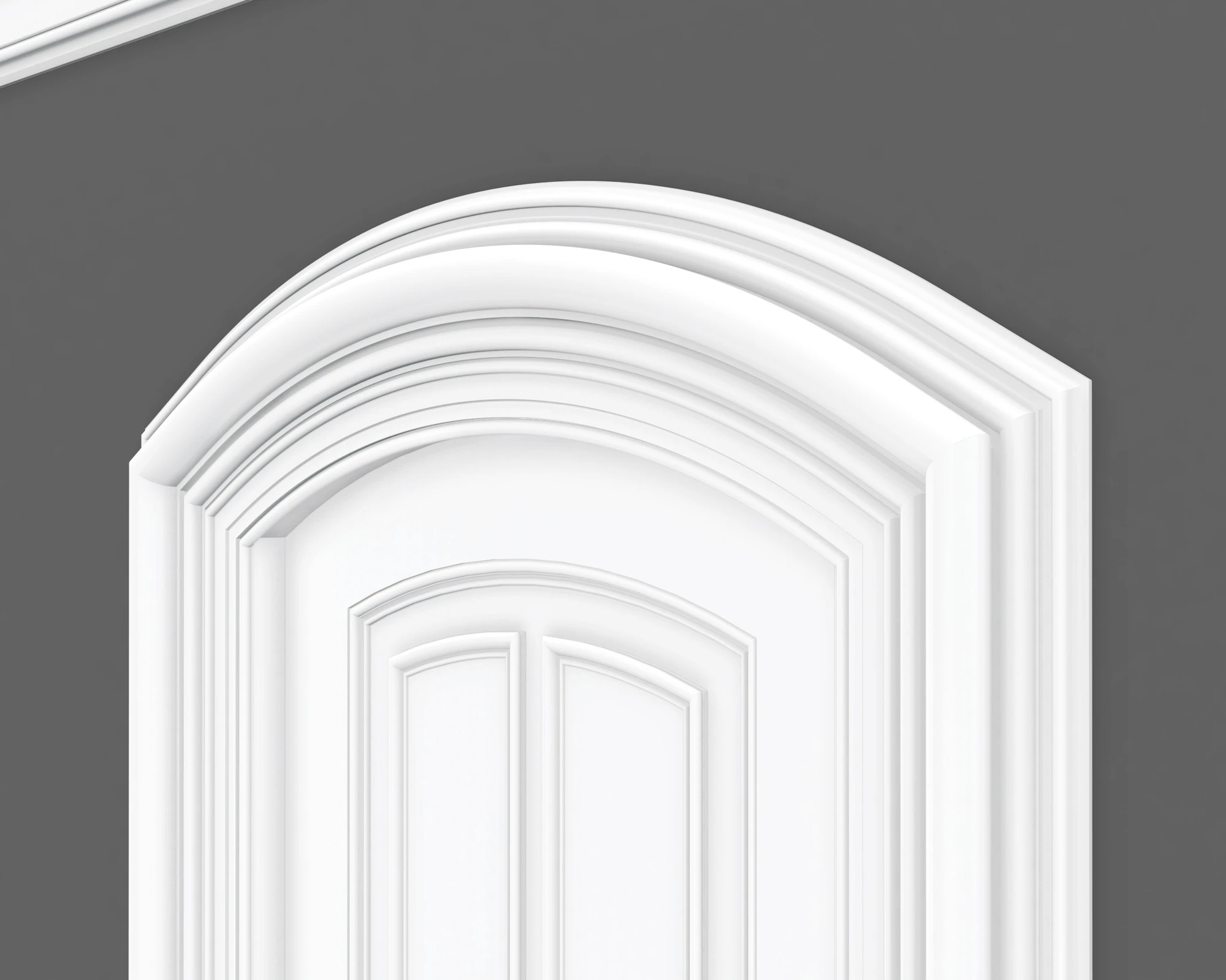 Close-up of layered Second Empire moulding around a segmental arched paneled door