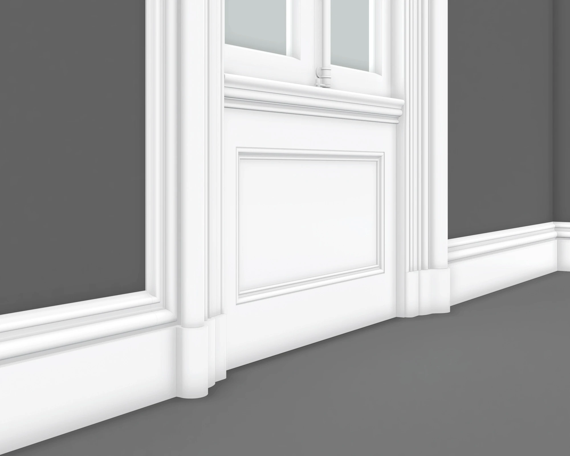 Second Empire window trim with lower raised panel, moulded casing and baseboard