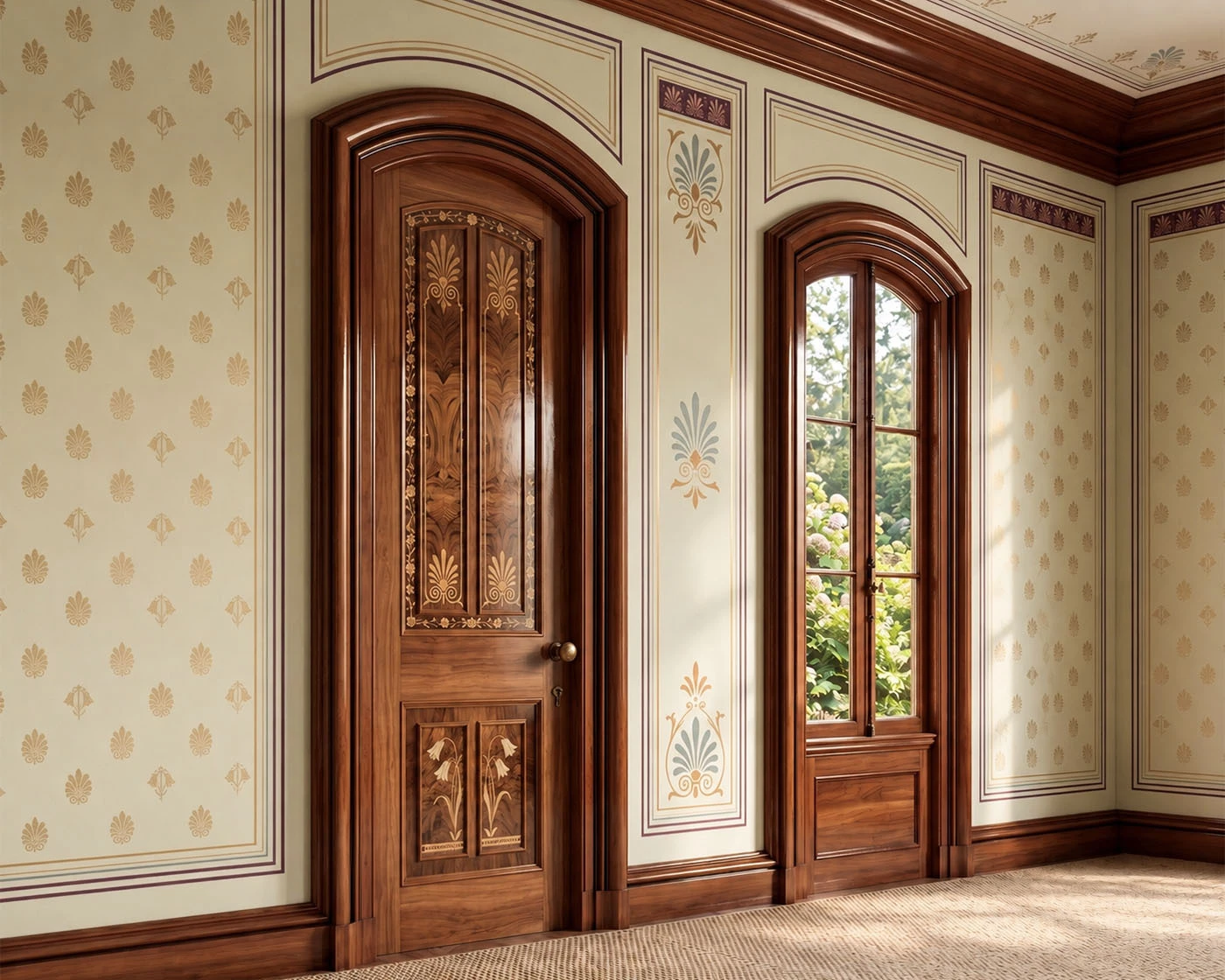 Second Empire interior with segmental-arched door and window casings, decorative door panels, substantial crown moulding, and moulded baseboards.