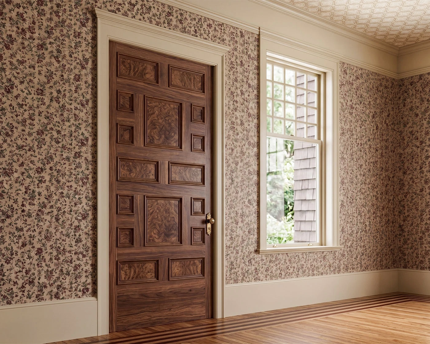 Shingle Style interior with a geometric paneled wood door, moulded door and window casings, divided-light window, crown moulding, and tall baseboards.