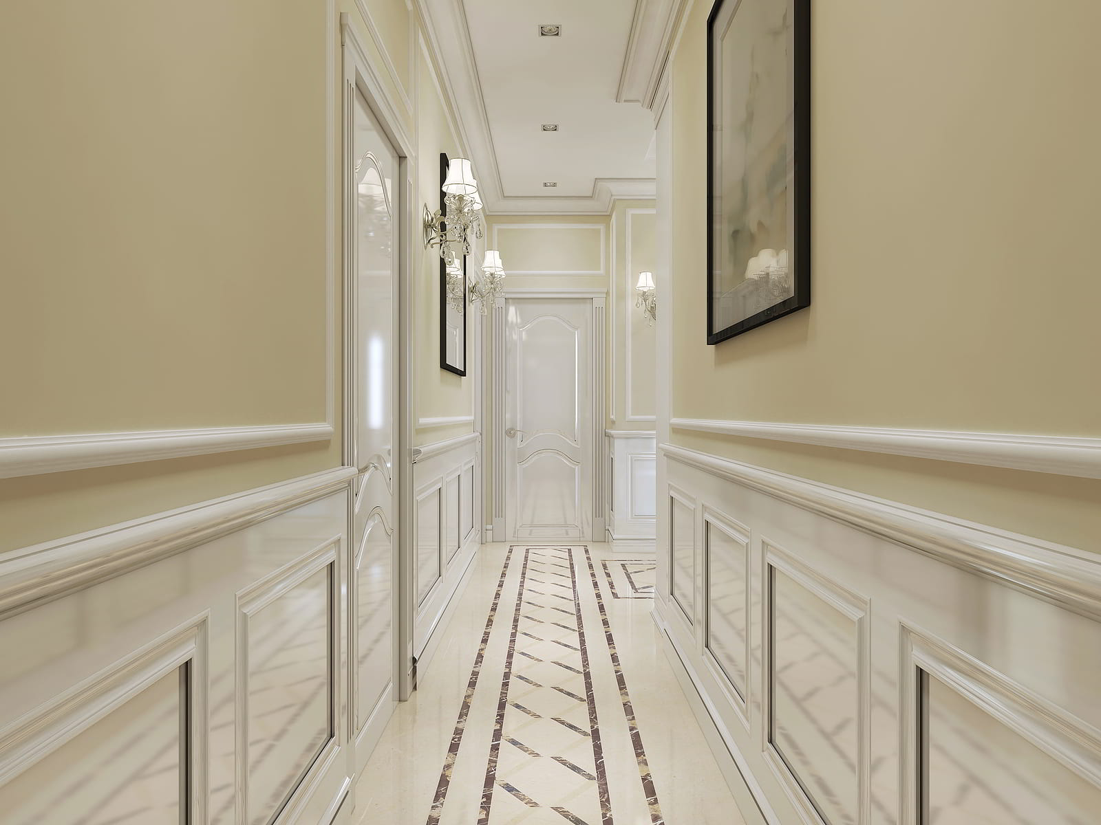 Hallway with white chair rail molding and paneled wall trim